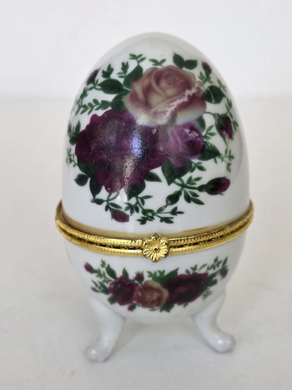 Porcelain Floral Egg Jewelry Box with Gold Trim - White and Purple